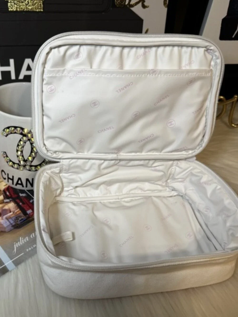 CHANEL Canvas Cosmetic Beauty Bag with Pink Trim... EUC